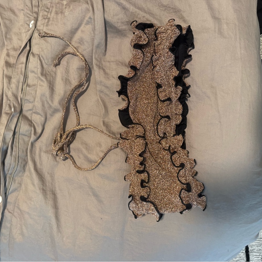 DEVON WINDSOR Gold Ruffle Bandeau Bikini Top